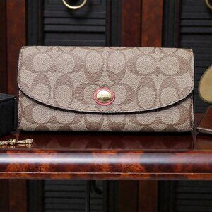 Coach Peyton Signature Canvas Slim Envelope Khaki Red Long Wallet